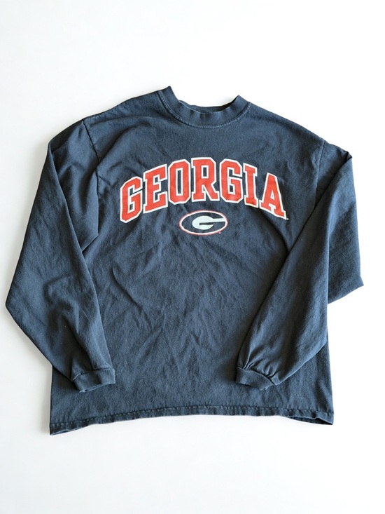 UGA Sweaters - Georgia Arch Logo Long Sleeve Crewneck - Navy with Red/White